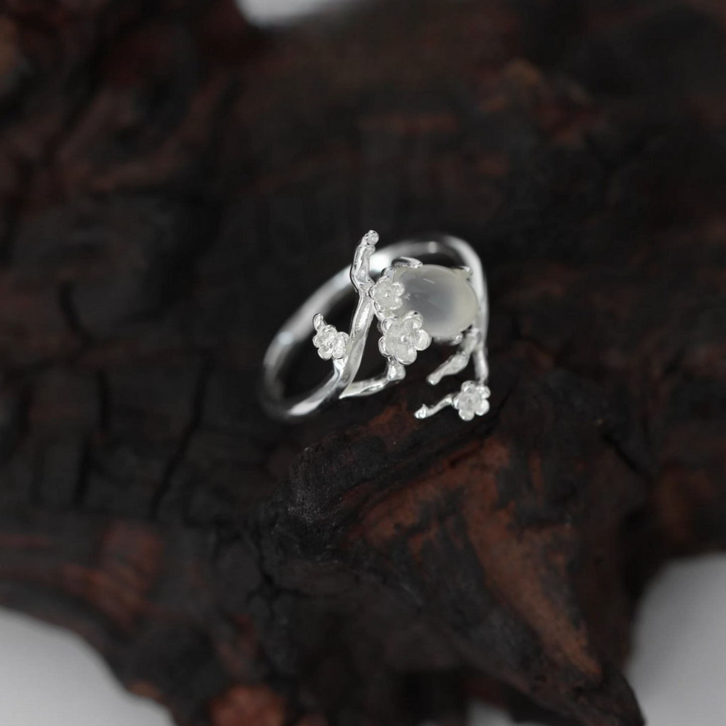 s925 Sterling Silver Minimalist White Agate Plum Blossom Flower Luxury Open Band Ring