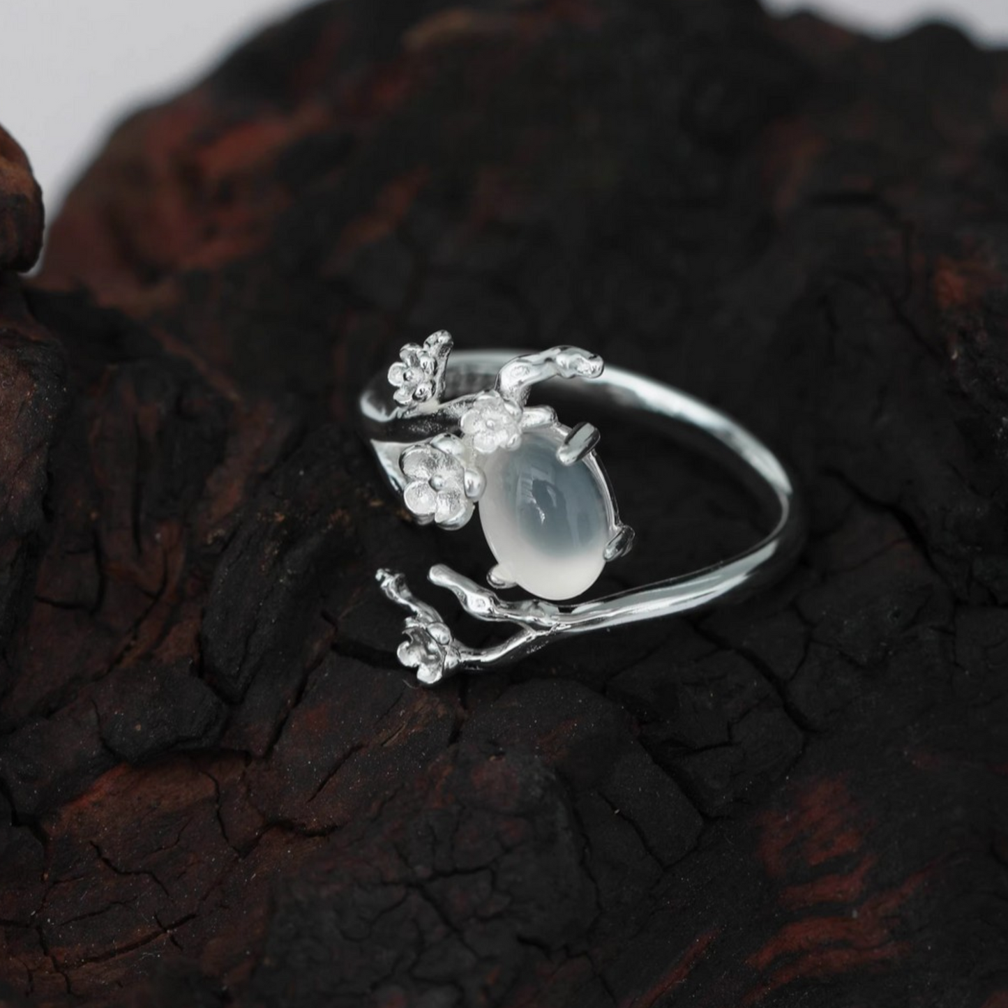 s925 Sterling Silver Minimalist White Agate Plum Blossom Flower Luxury Open Band Ring