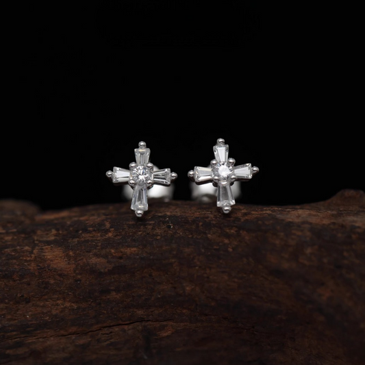 S925 Sterling Silver Star Starlight Cross Stud Earrings