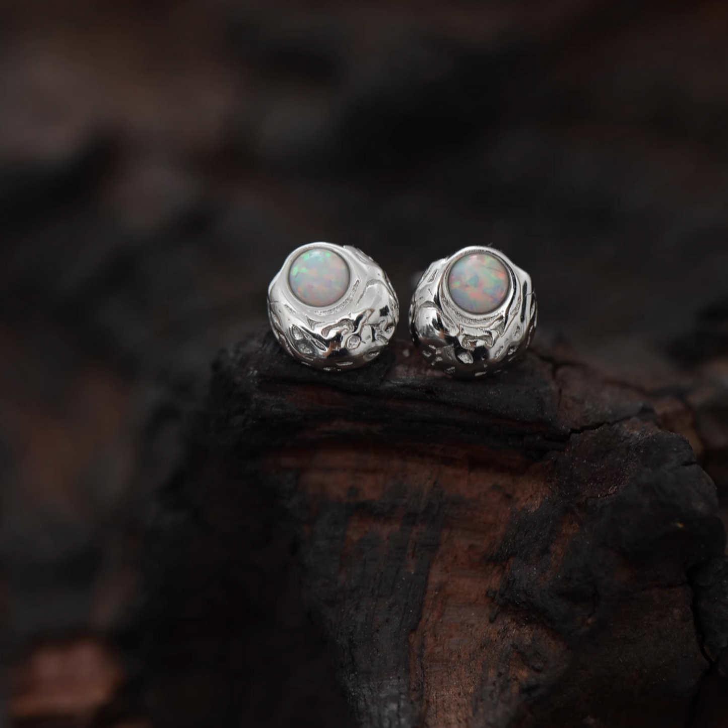 S925 Sterling Silver Minimal Moon Rock Opal Stud Earrings