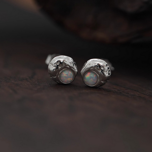 S925 Sterling Silver Minimal Moon Rock Opal Stud Earrings