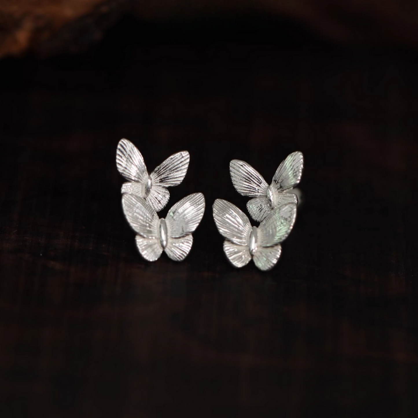 S999 Fine Silver Screw Back Double Butterfly Earrings