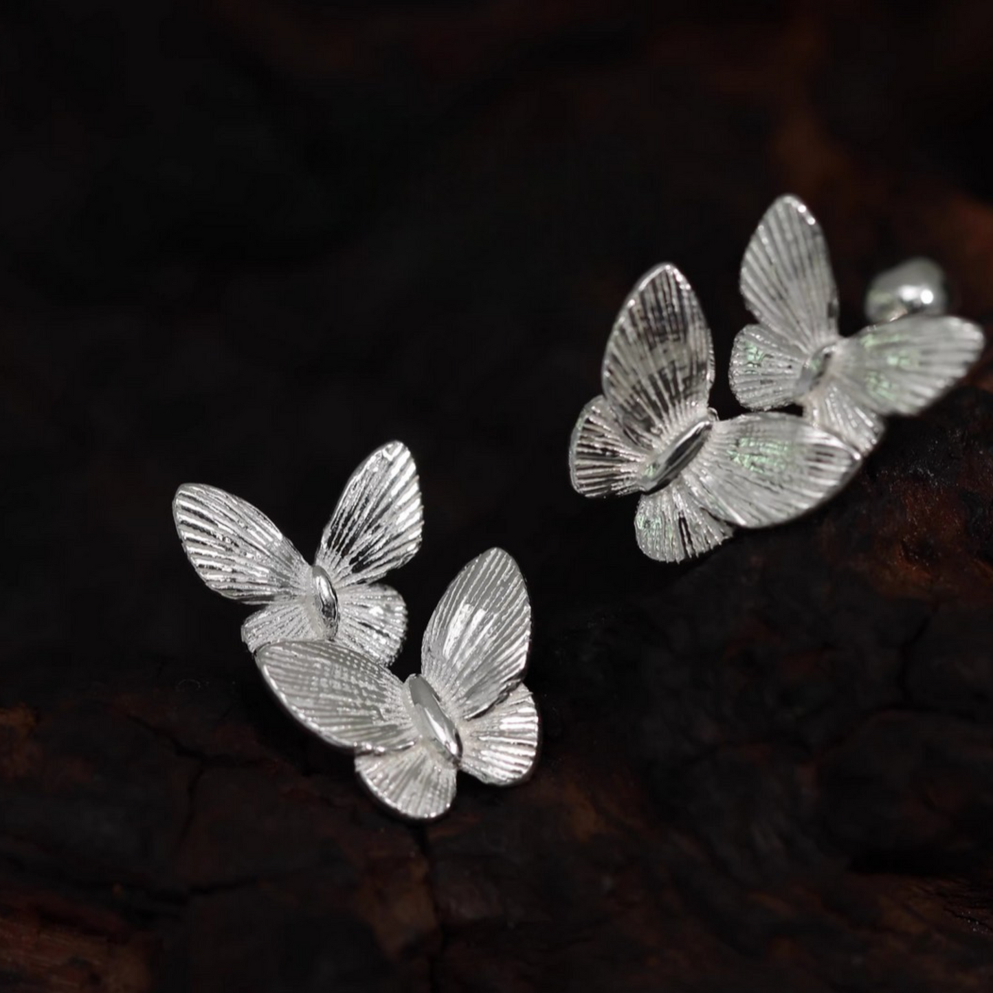 S999 Fine Silver Screw Back Double Butterfly Earrings