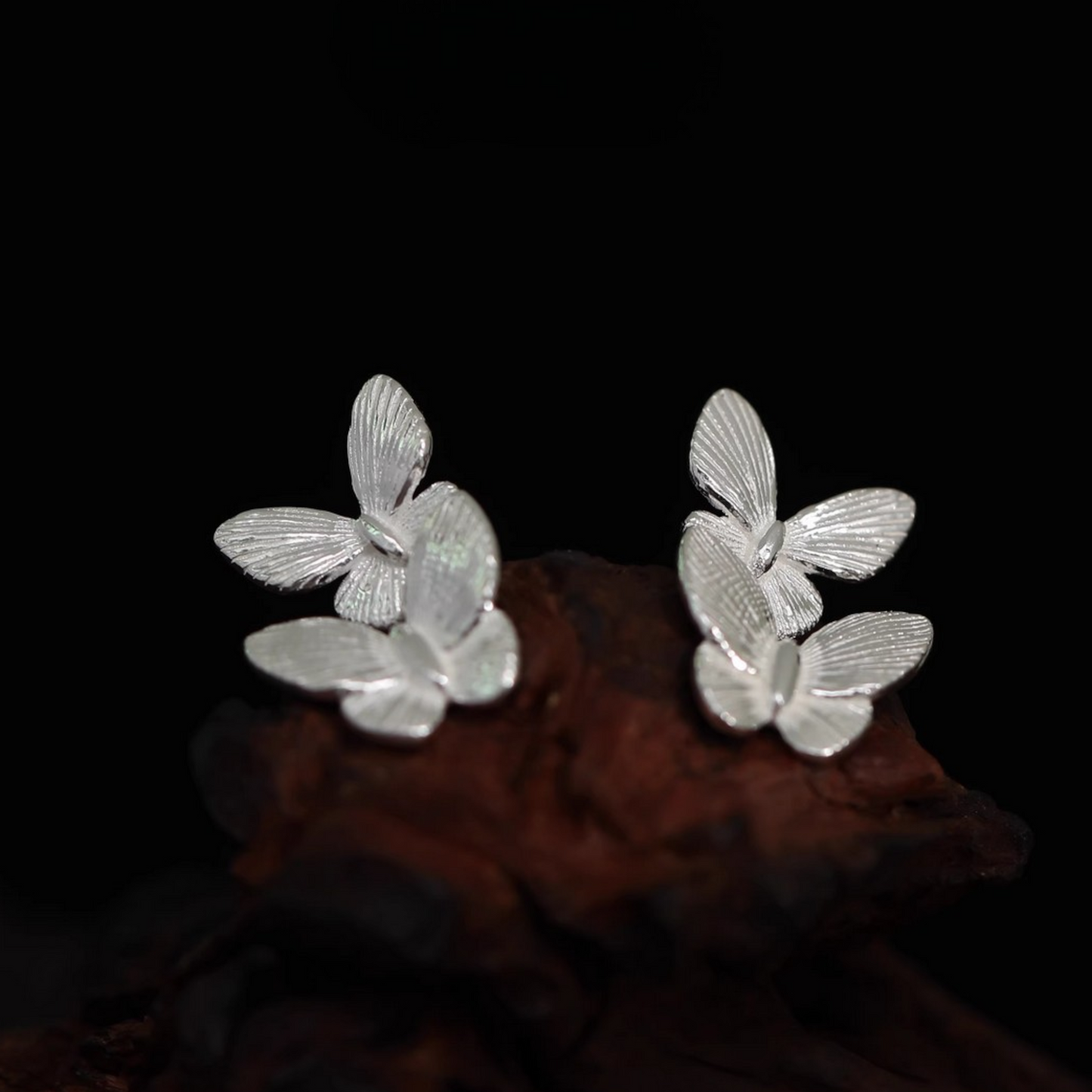 S999 Fine Silver Screw Back Double Butterfly Earrings