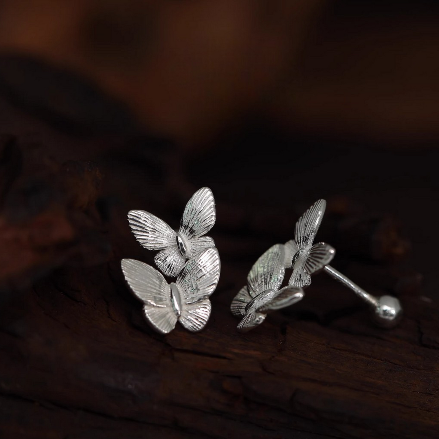 S999 Fine Silver Screw Back Double Butterfly Earrings