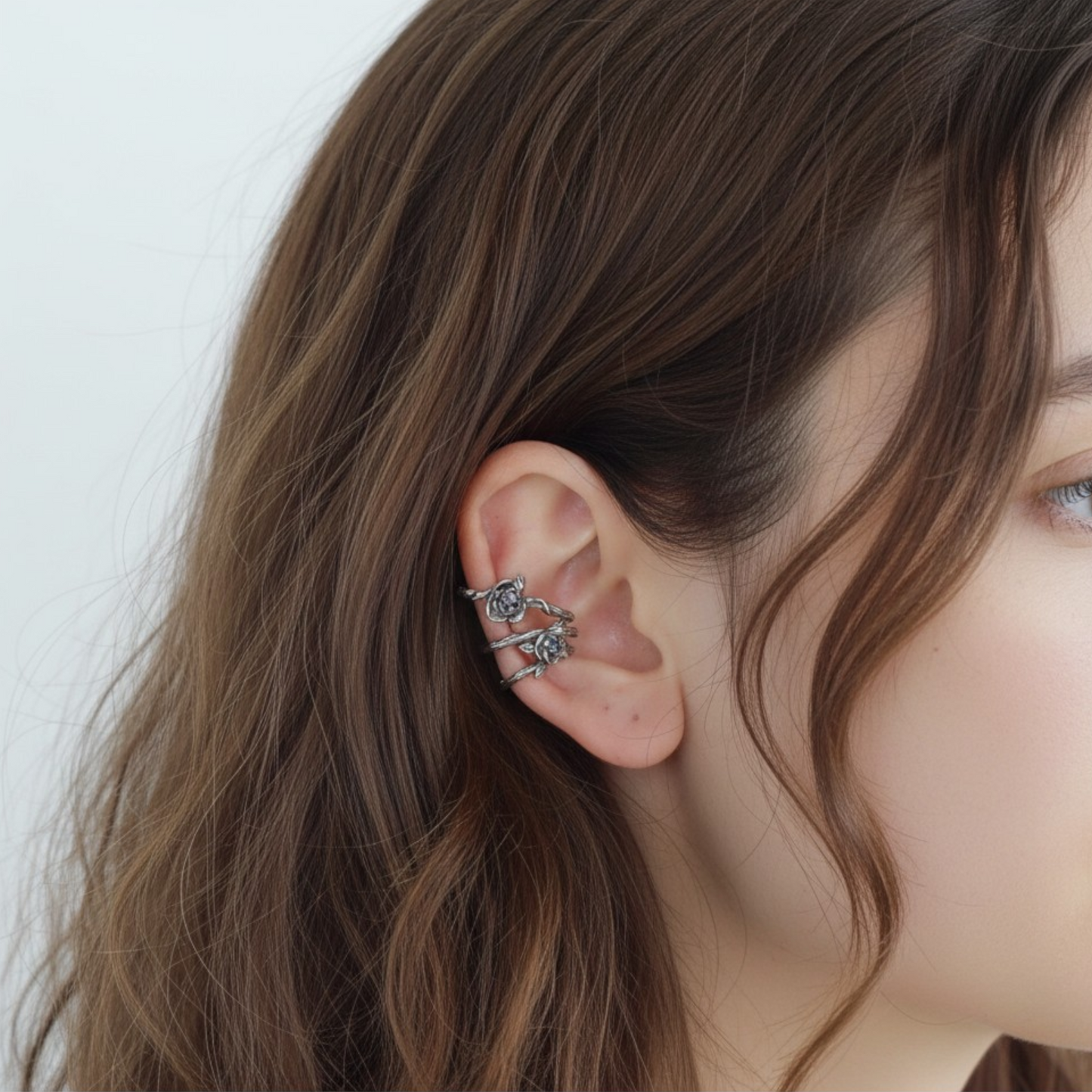 S925 Sterling Silver Twin Roses Flower Ear Clip Cuff
