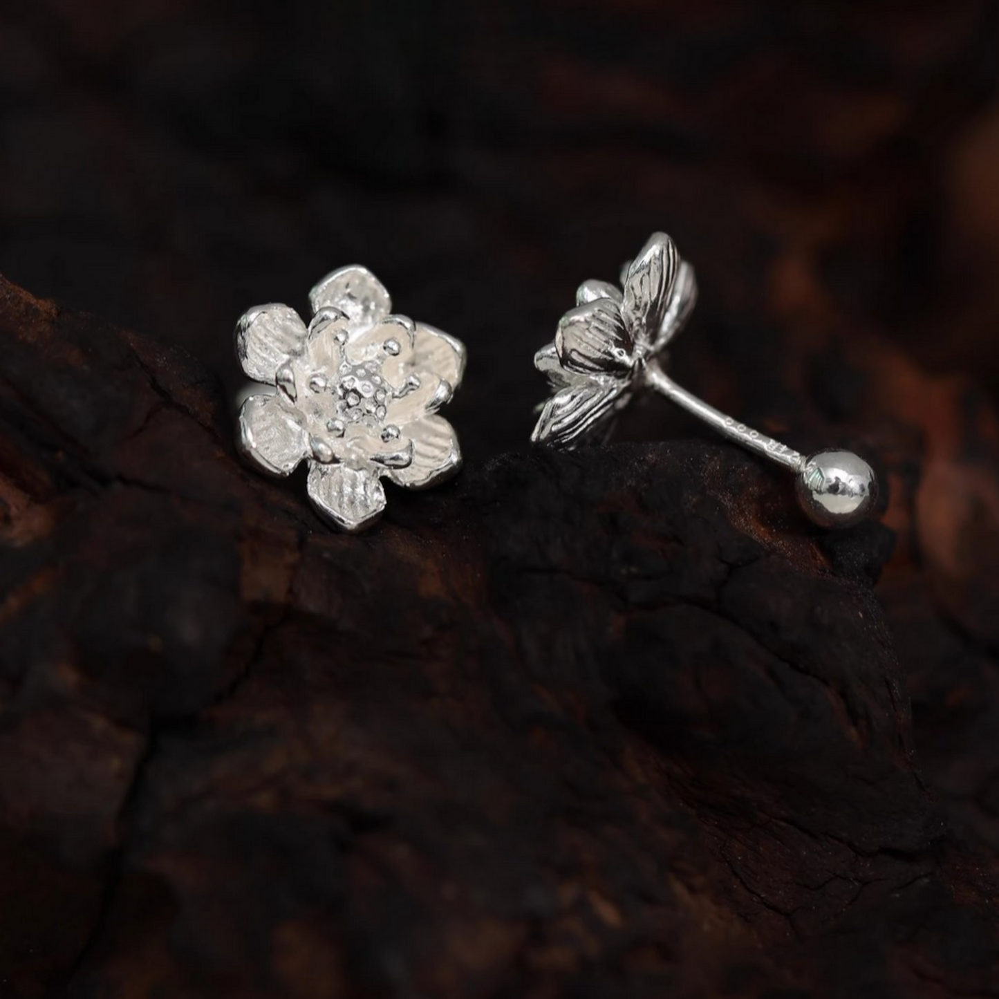S999 Fine Silver Lotus Flower Elegant Screw Back Earrings