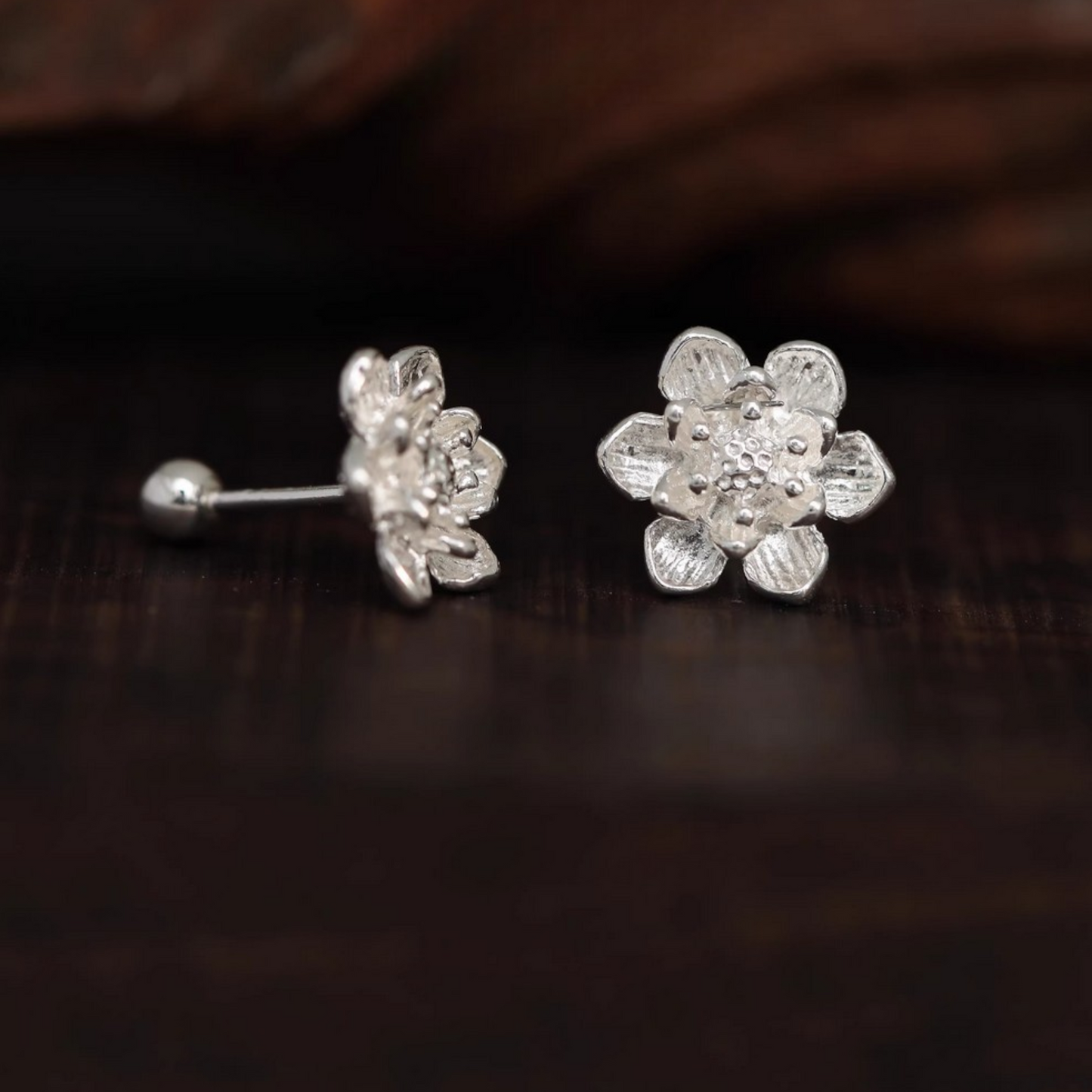 S999 Fine Silver Lotus Flower Elegant Screw Back Earrings