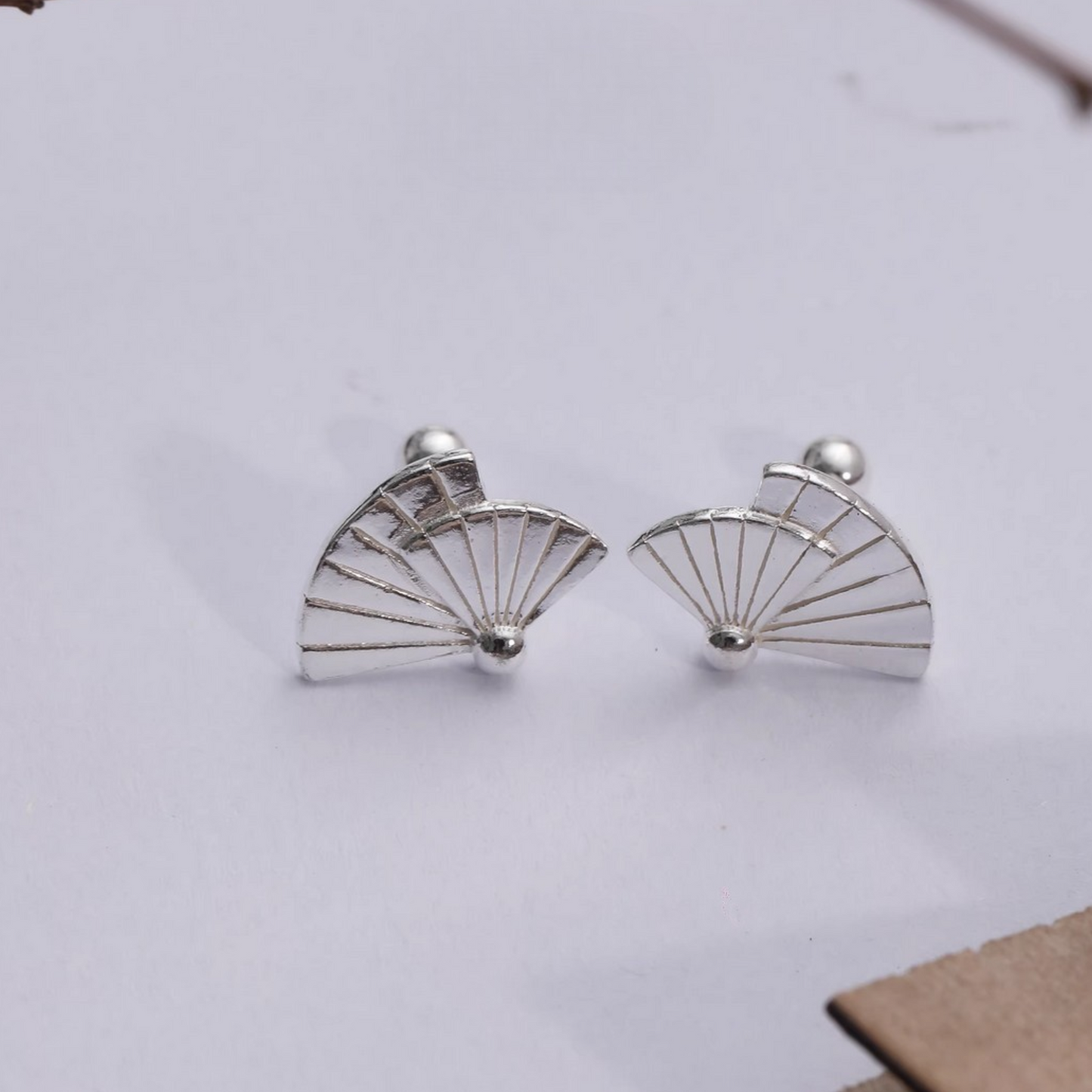 S999 Fine Silver Fan Asian Style Screw Back Earrings