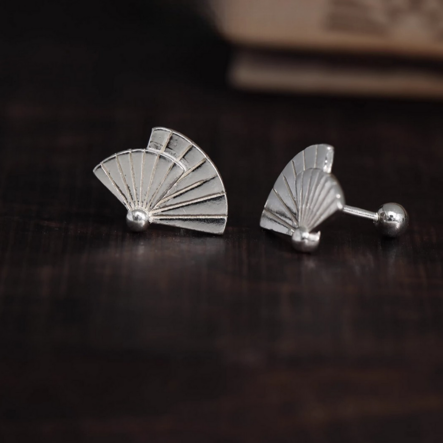 S999 Fine Silver Fan Asian Style Screw Back Earrings
