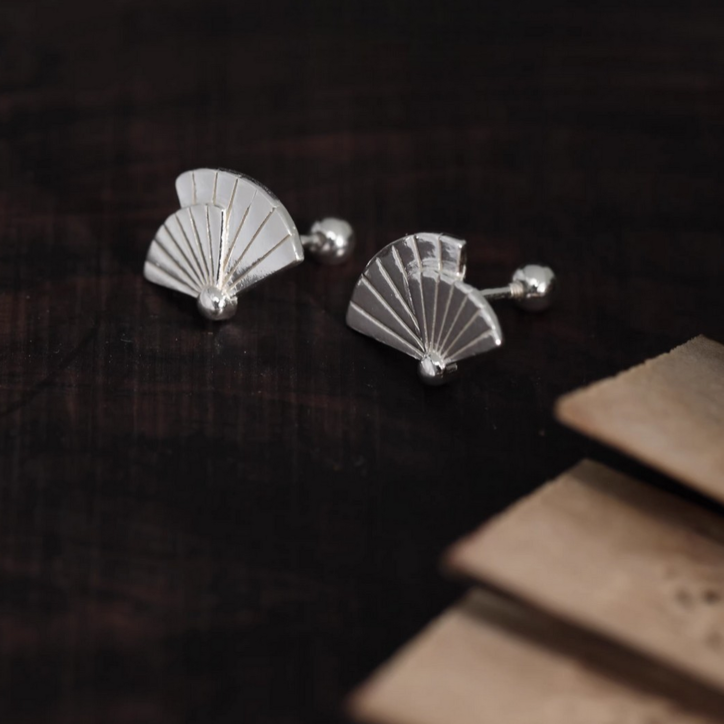 S999 Fine Silver Fan Asian Style Screw Back Earrings