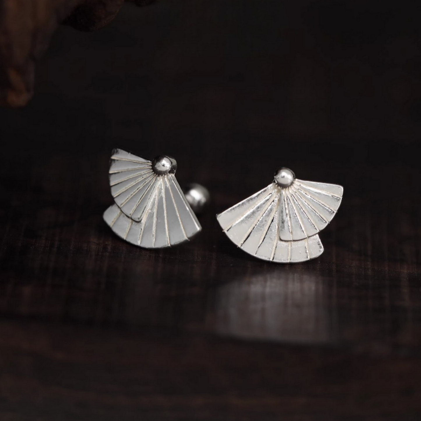 S999 Fine Silver Fan Asian Style Screw Back Earrings