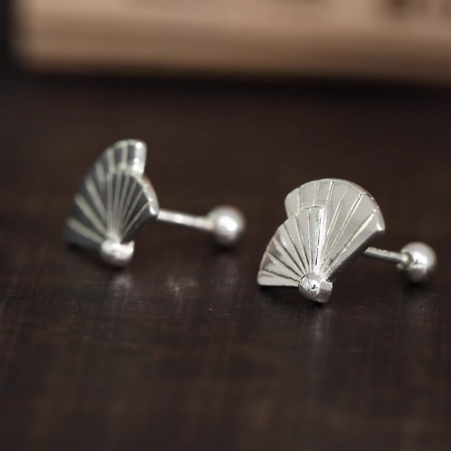 S999 Fine Silver Fan Asian Style Screw Back Earrings