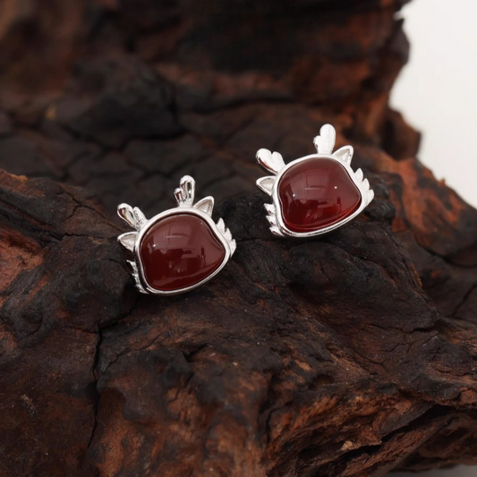 S925 Sterling Silver Cute Dragon Red Agate Stud Earrings