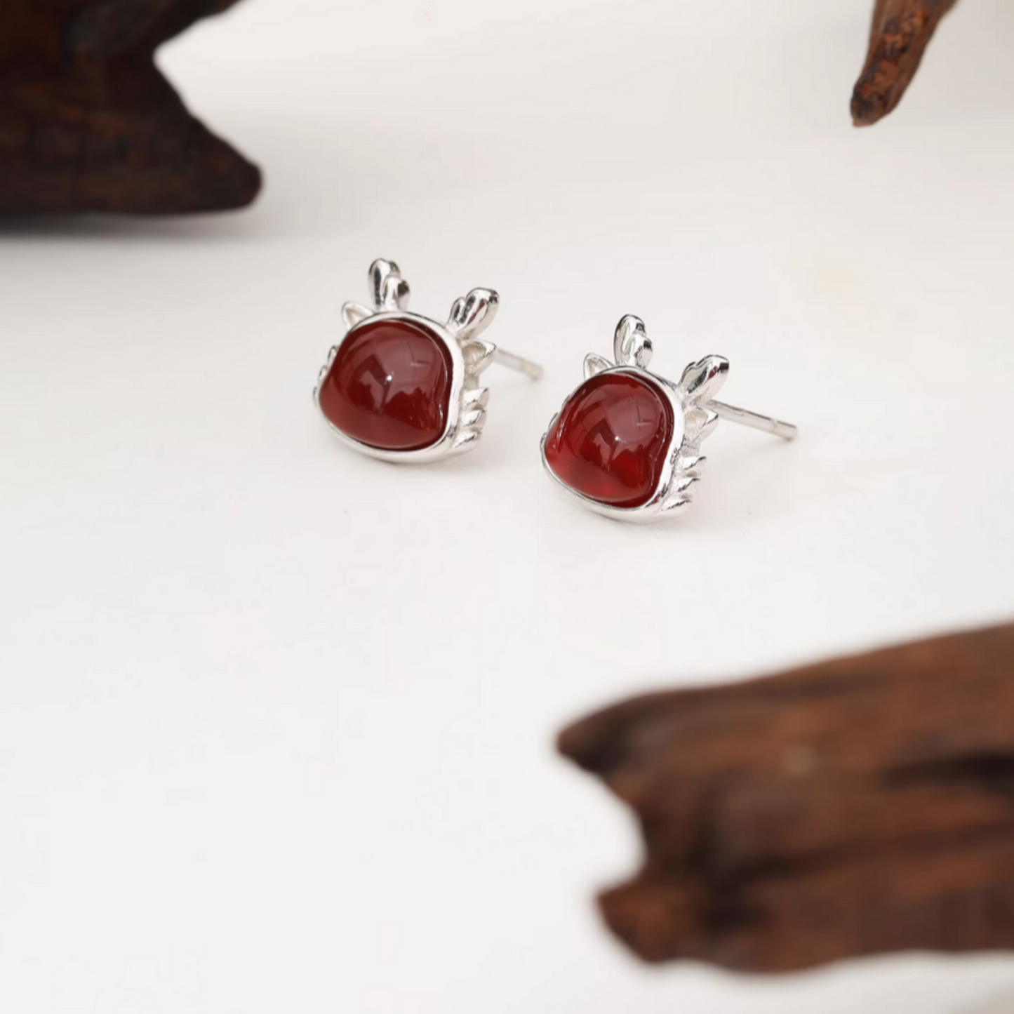 S925 Sterling Silver Cute Dragon Red Agate Stud Earrings