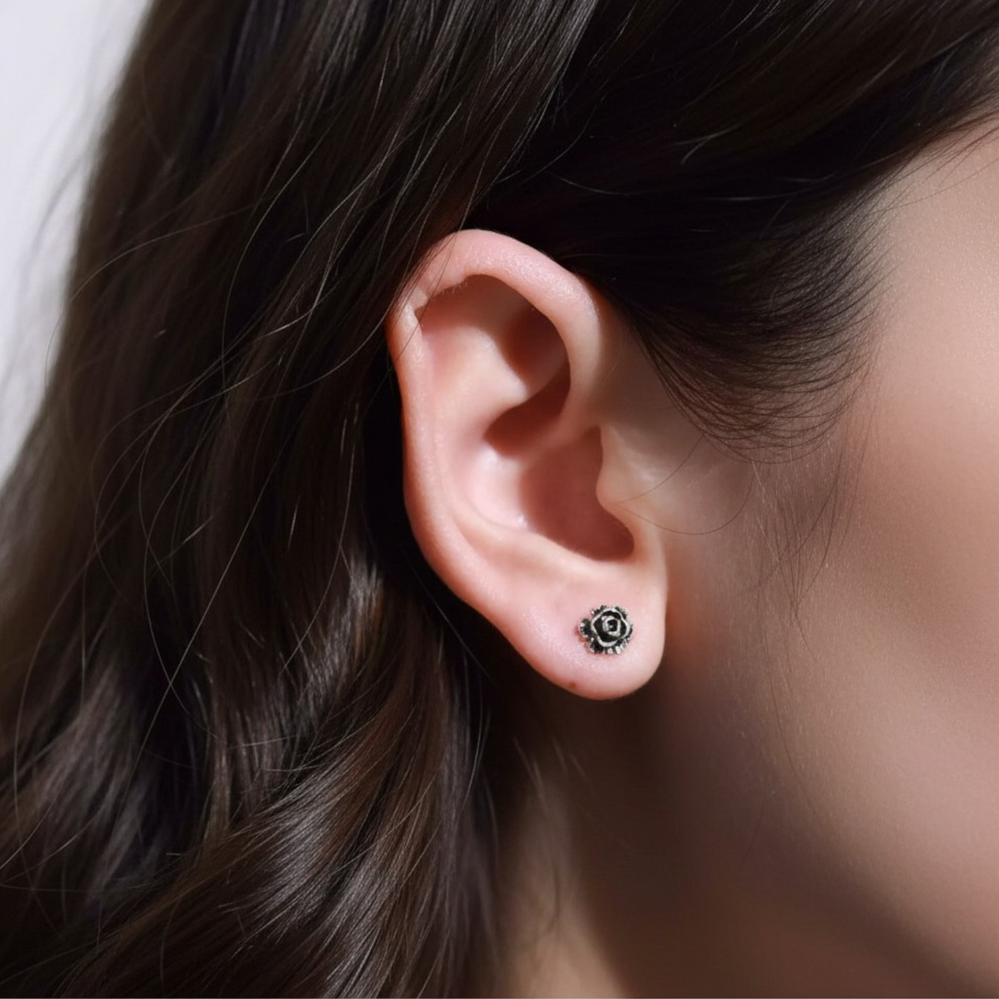 S925 Sterling Silver Black and Silver Rose Flower Stud Earrings