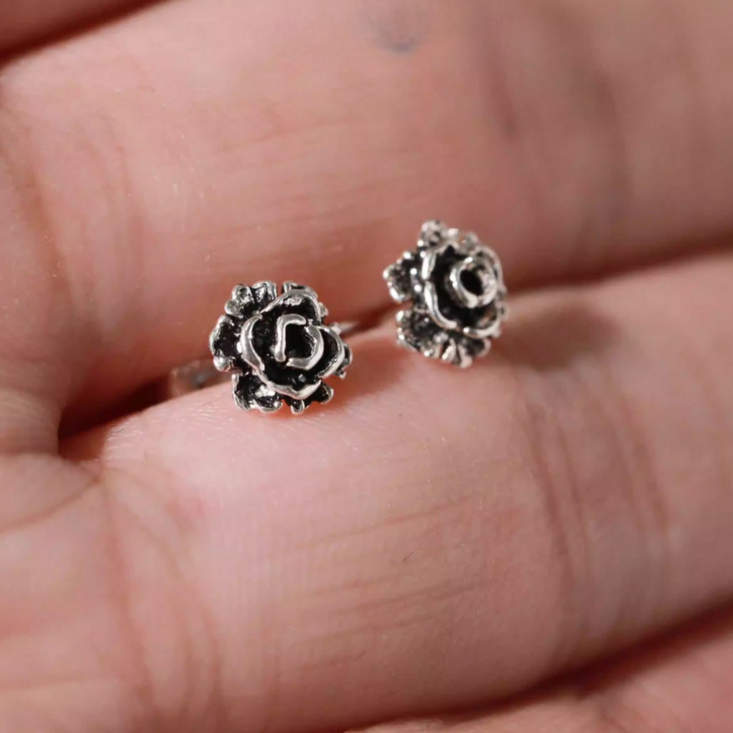 S925 Sterling Silver Black and Silver Rose Flower Stud Earrings