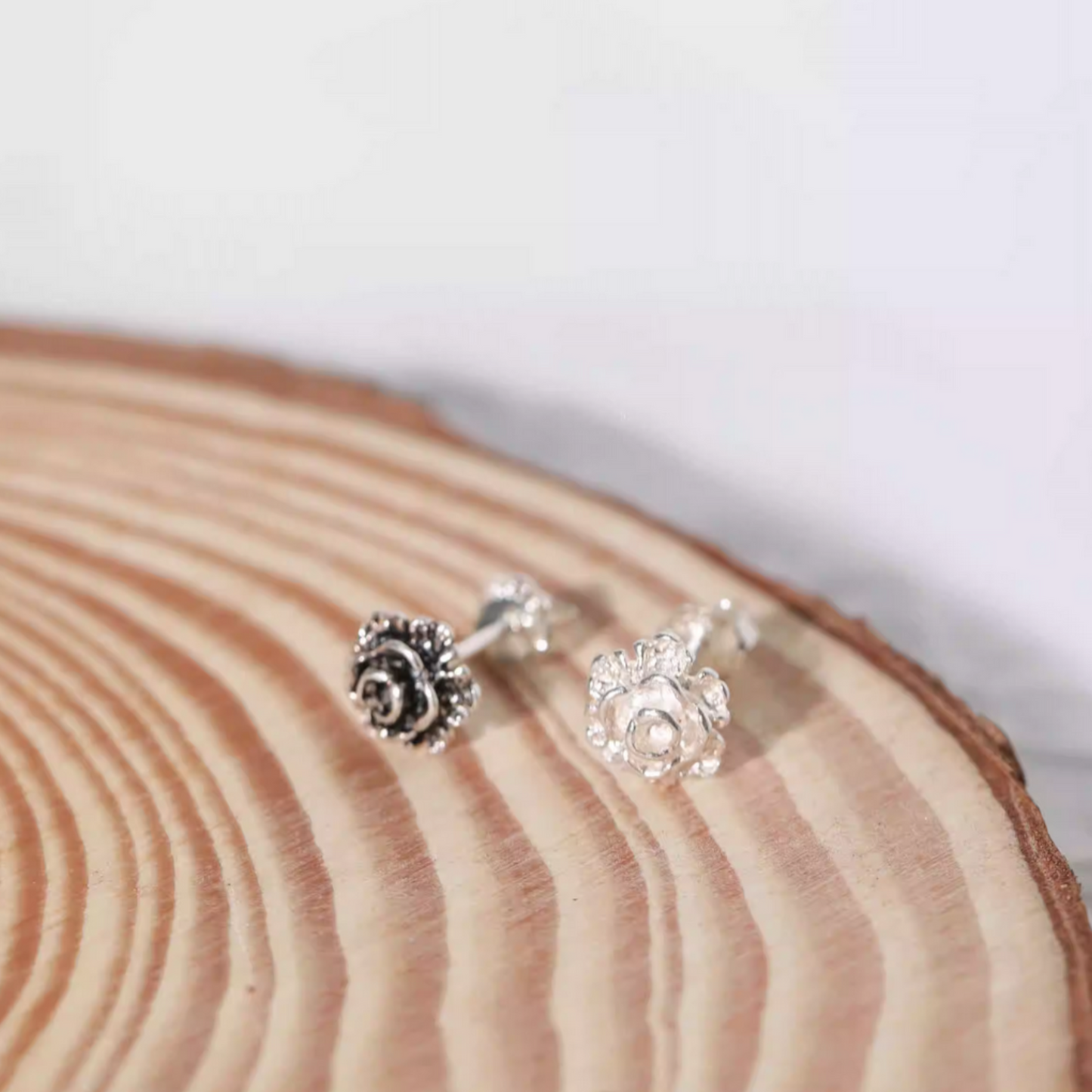 S925 Sterling Silver Black and Silver Rose Flower Stud Earrings