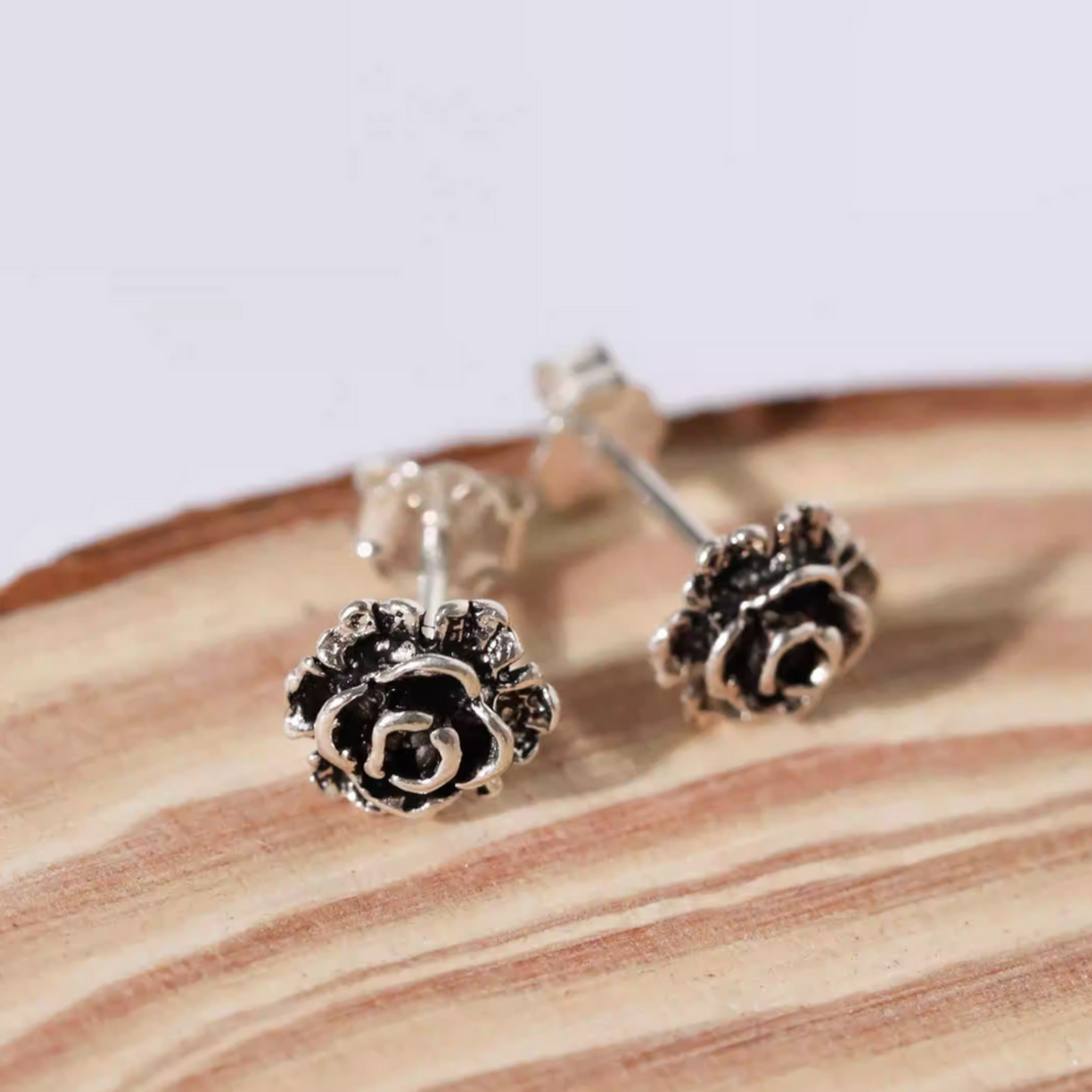 S925 Sterling Silver Black and Silver Rose Flower Stud Earrings