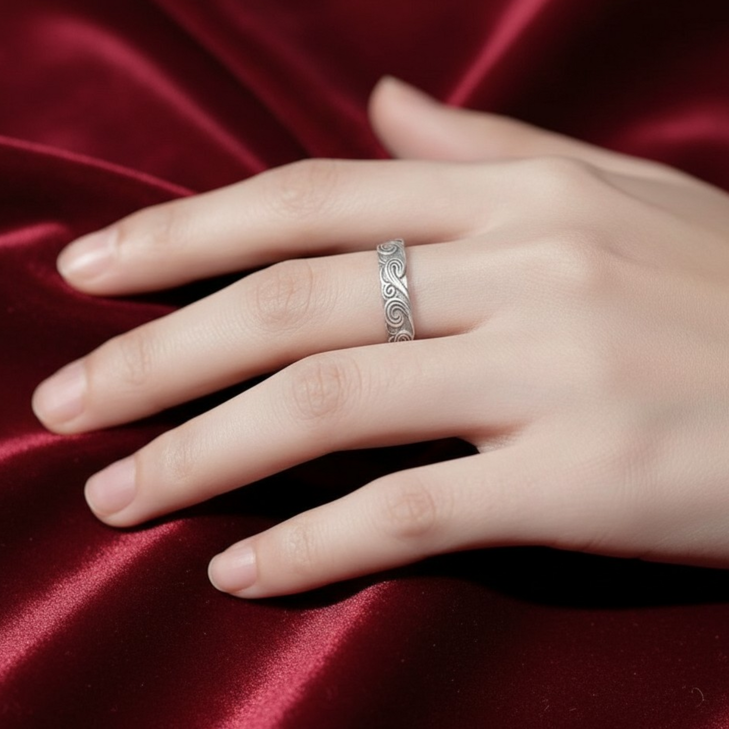 s925 Sterling Silver Auspicious Clouds Wave Hand-Carved Vintage Retro Ring