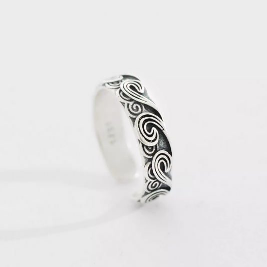 s925 Sterling Silver Auspicious Clouds Wave Hand-Carved Vintage Retro Ring