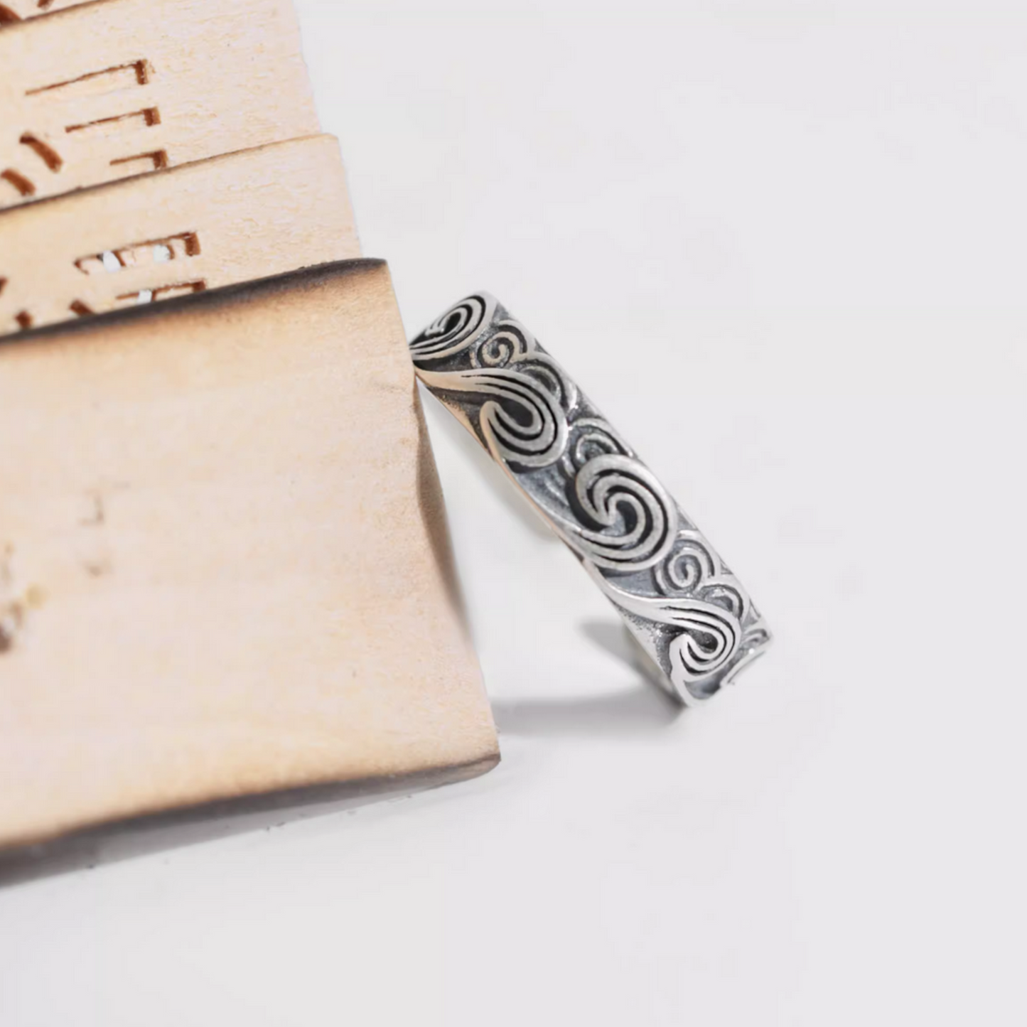 s925 Sterling Silver Auspicious Clouds Wave Hand-Carved Vintage Retro Ring