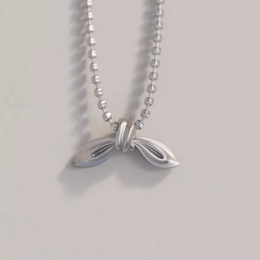 S925 Sterling Silver Bow Tie Pendant Beads Necklace