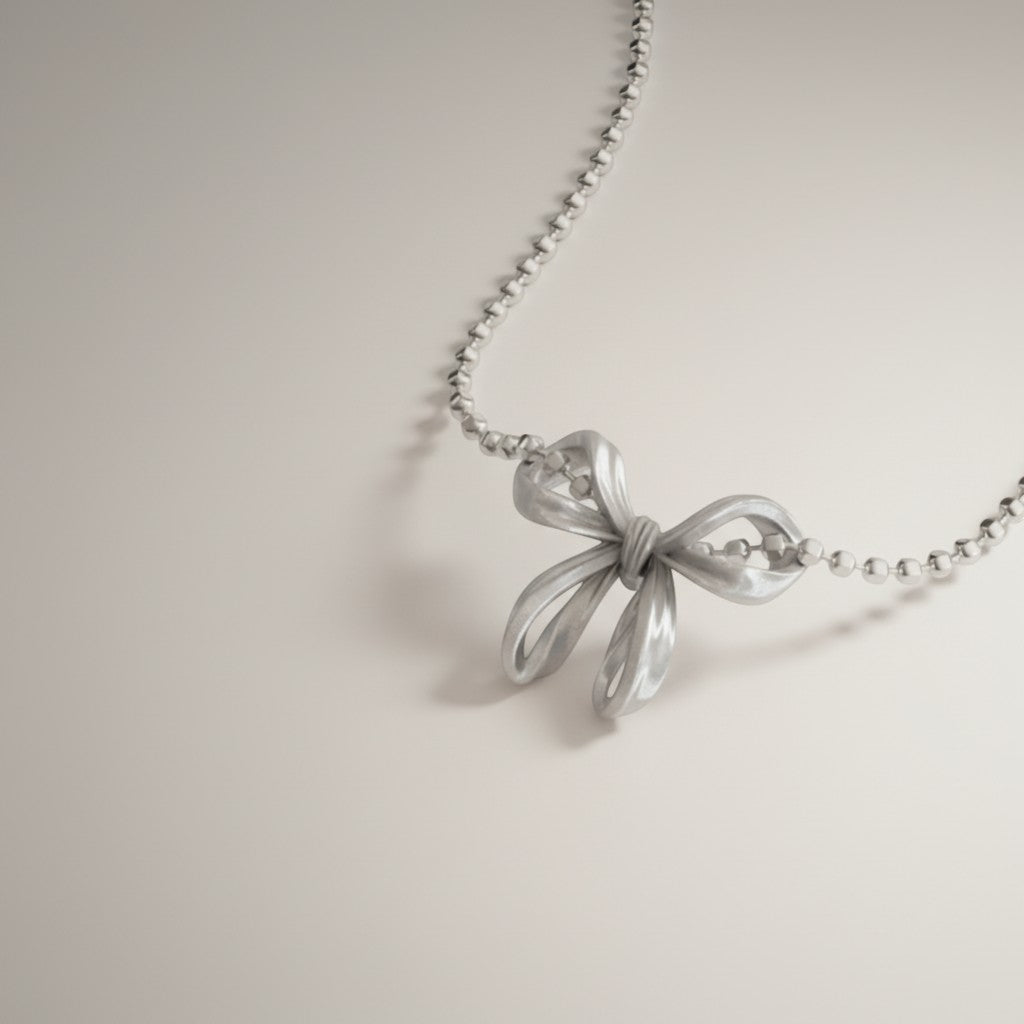 S925 Sterling Silver Bow Tie Pendant Beads Necklace