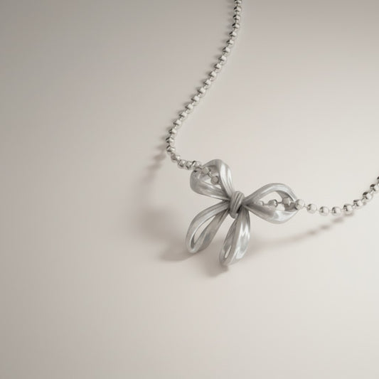 S925 Sterling Silver Bow Tie Pendant Beads Necklace