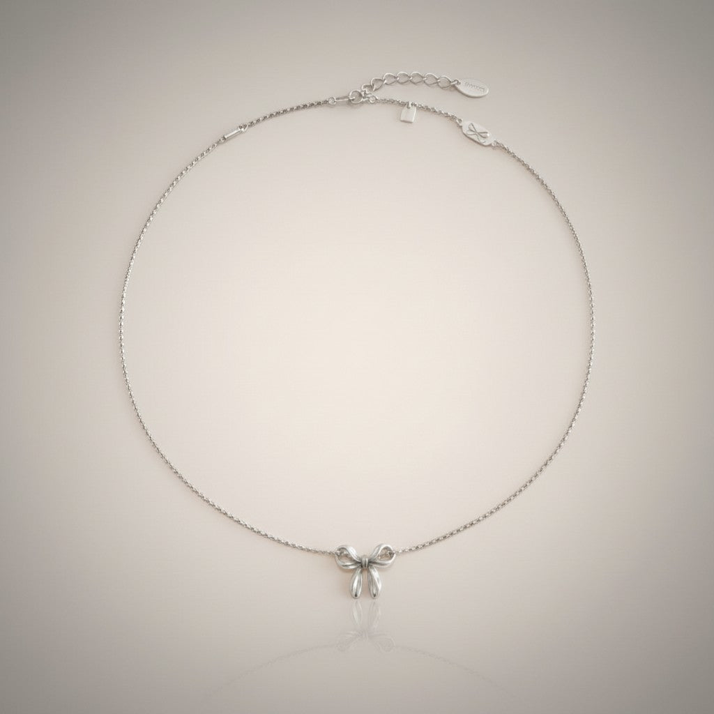 S925 Sterling Silver Bow Tie Pendant Beads Necklace