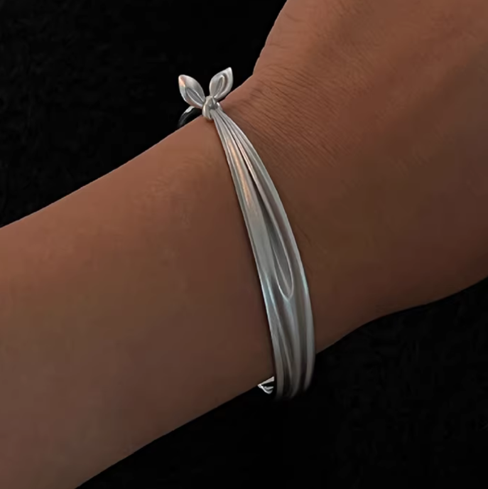 S925 Sterling Silver Bowtie Bow Knot Minimal Bangle Cuff