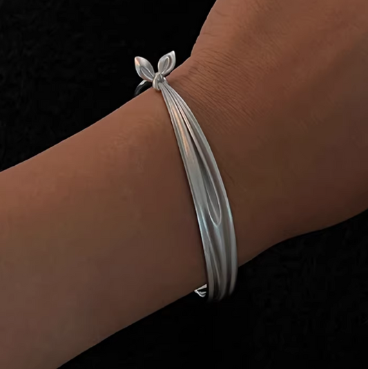 S925 Sterling Silver Bowtie Bow Knot Minimal Bangle Cuff