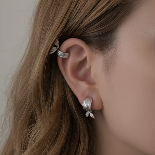 S925 Sterling Silver Matt Ear Cuff Tie a Knot Stud Earrings