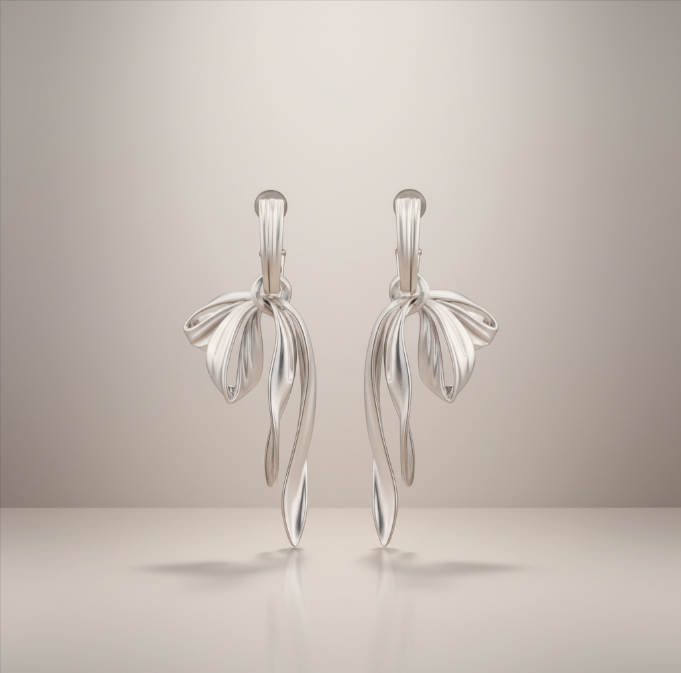 S925 Sterling Silver Matt Long Ribbon Bow Tie Stud Earrings