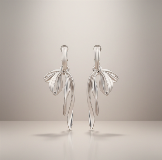S925 Sterling Silver Matt Long Ribbon Bow Tie Stud Earrings