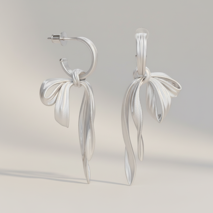 S925 Sterling Silver Matt Long Ribbon Bow Tie Stud Earrings