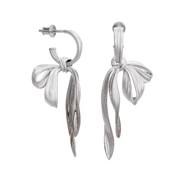 S925 Sterling Silver Matt Long Ribbon Bow Tie Stud Earrings