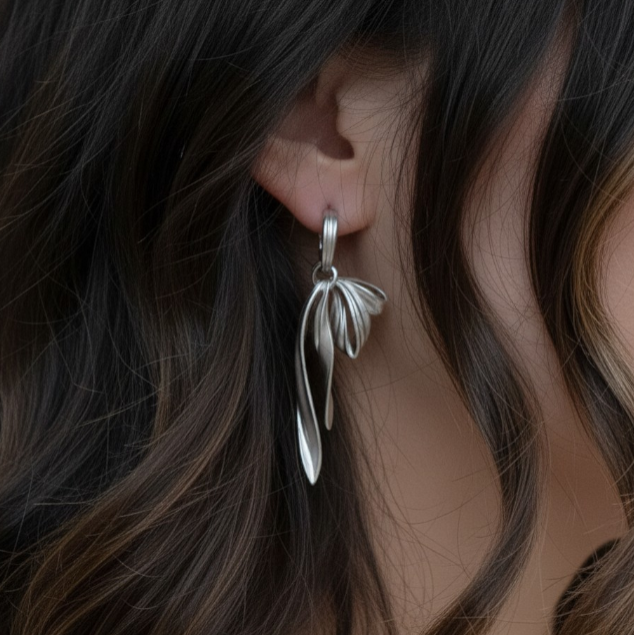 S925 Sterling Silver Matt Long Ribbon Bow Tie Stud Earrings