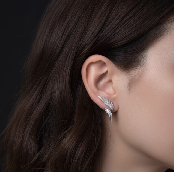 S925 Sterling Silver Zircon Elegant Wings Feather Stud Earring Ear Cuff