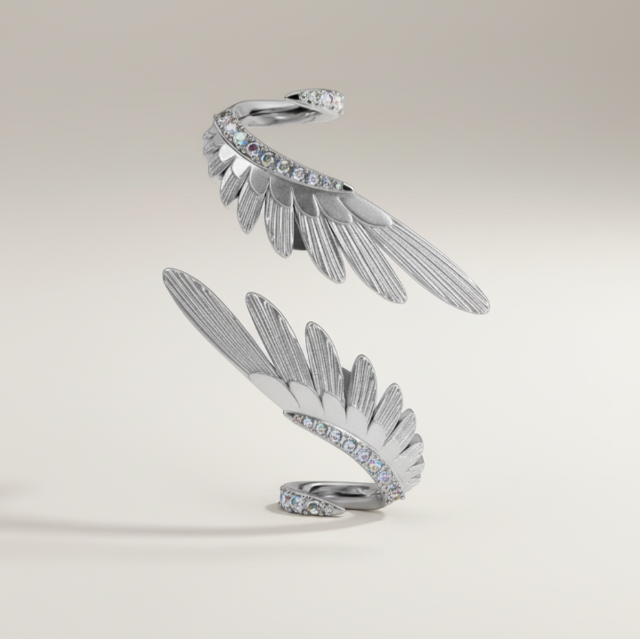 S925 Sterling Silver Zircon Elegant Wings Feather Stud Earring Ear Cuff