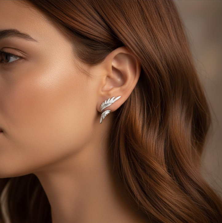 S925 Sterling Silver Zircon Elegant Wings Feather Stud Earring Ear Cuff