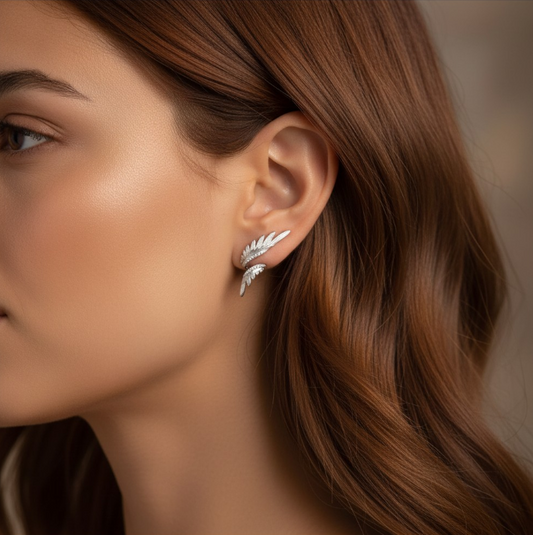 S925 Sterling Silver Zircon Elegant Wings Feather Stud Earring Ear Cuff