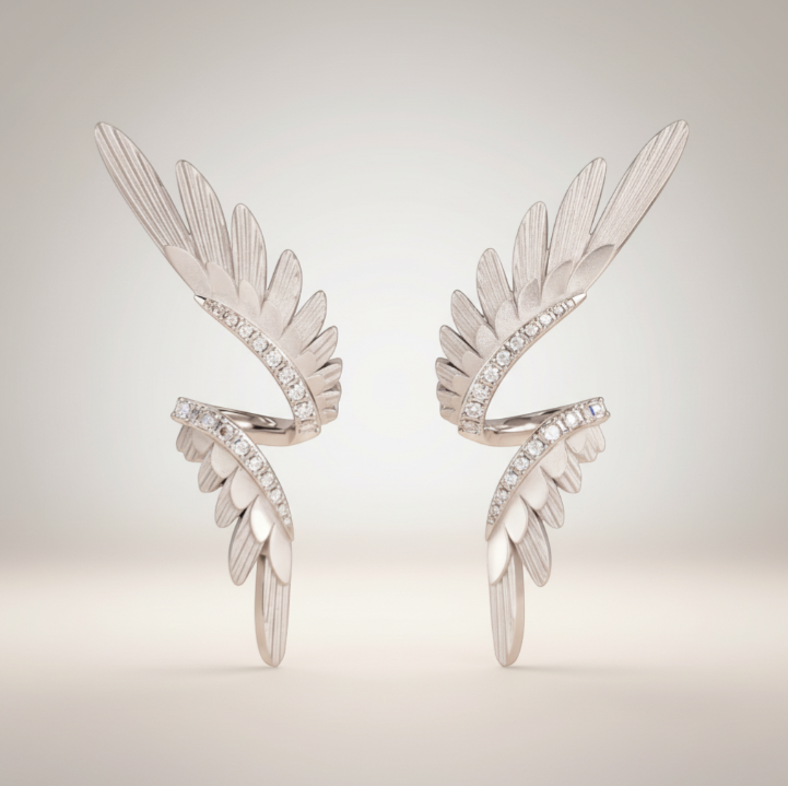 S925 Sterling Silver Zircon Elegant Wings Feather Stud Earring Ear Cuff
