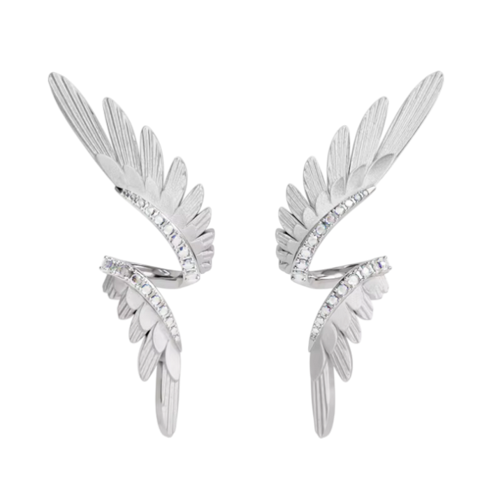 S925 Sterling Silver Zircon Elegant Wings Feather Stud Earring Ear Cuff