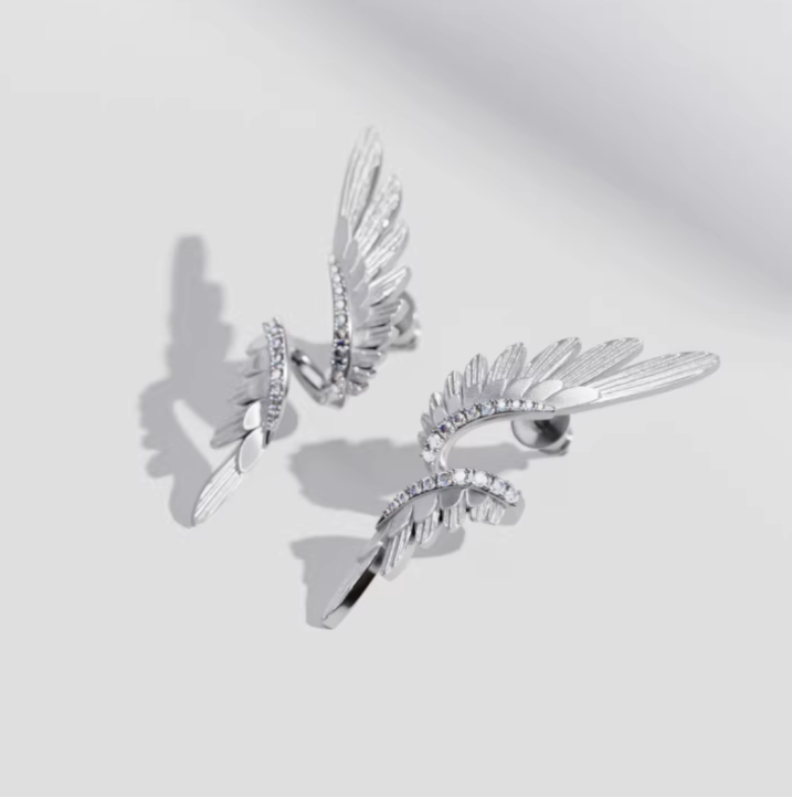 S925 Sterling Silver Zircon Elegant Wings Feather Stud Earring Ear Cuff