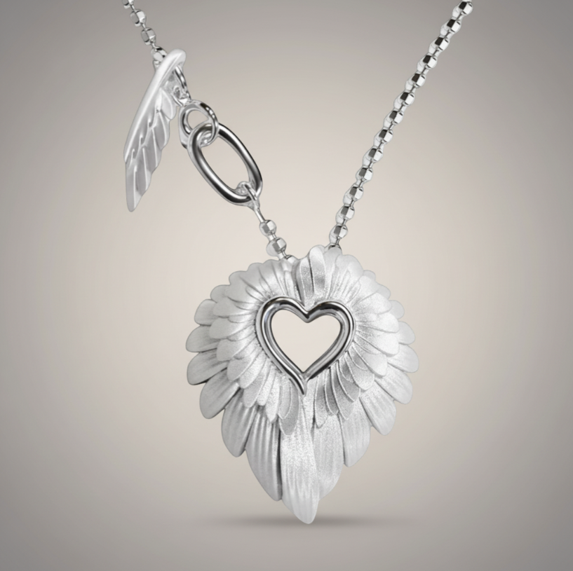 S925 Sterling Silver Elegant Wings Heart Pendant Necklace