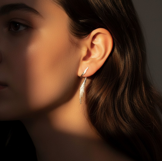 S925 Sterling Silver Zircon Elegant Wings Feather Stud Earring Ear Cuff