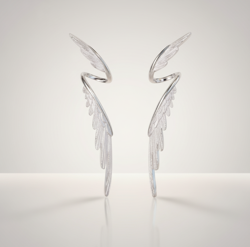 S925 Sterling Silver Zircon Elegant Wings Feather Stud Earring Ear Cuff
