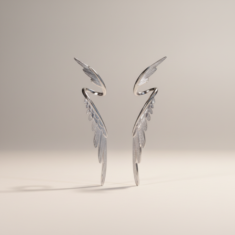 S925 Sterling Silver Zircon Elegant Wings Feather Stud Earring Ear Cuff