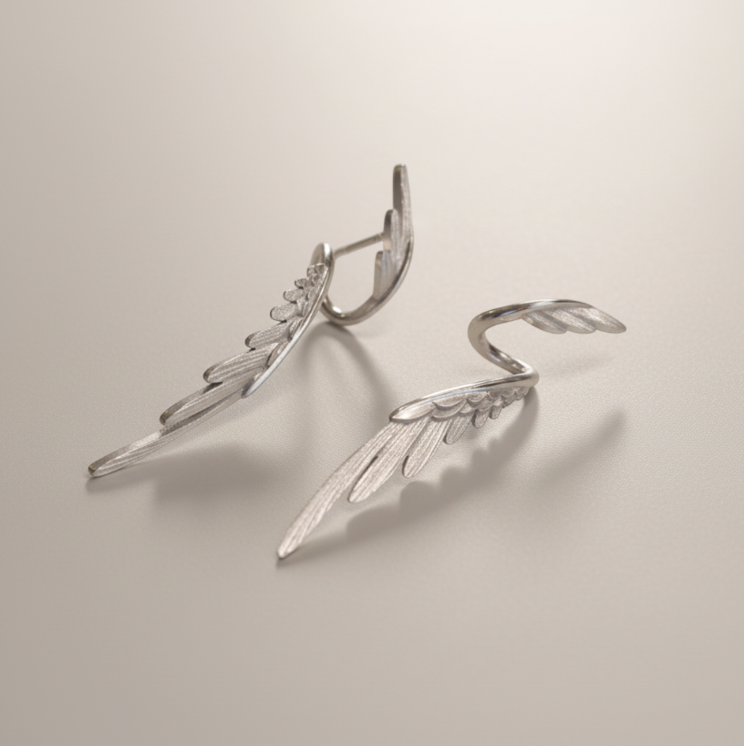 S925 Sterling Silver Zircon Elegant Wings Feather Stud Earring Ear Cuff